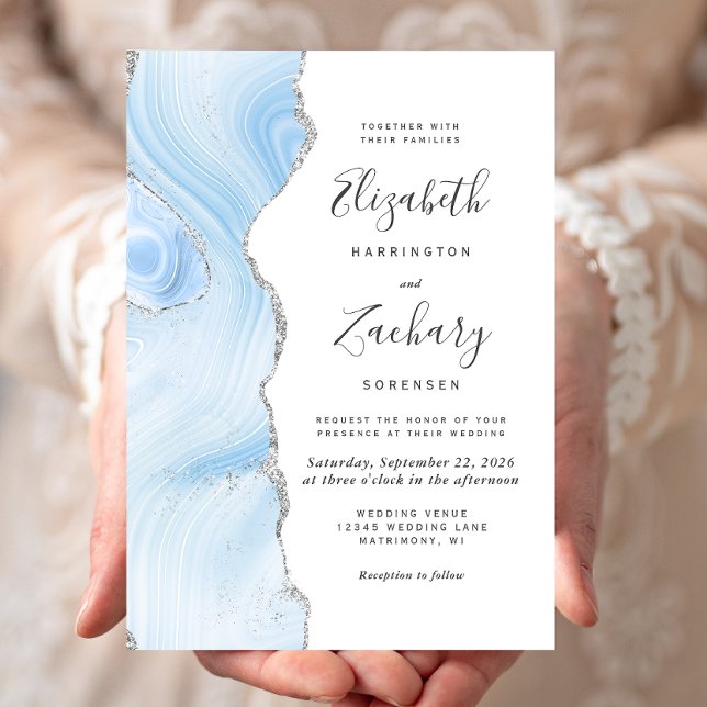 Invitación Boda Moderna de Agata Plateada Azul Bebé (Subido por el creador)