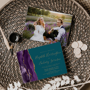 Invitación Boda Moderna de Ágata Purpura Dorada Verde Teal