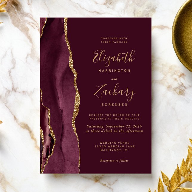 Invitación Boda Moderna de Ágata Rojo Borgoña Dorado (Subido por el creador)