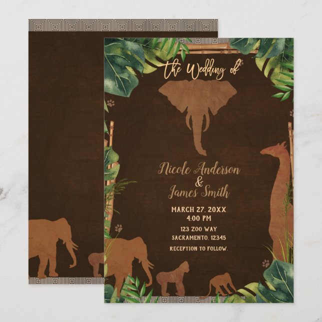 Invitación Boda moderna de animales del zoológico de la selva (Anverso / Reverso)