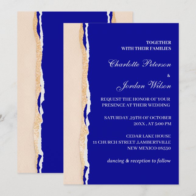 Invitación Boda moderna de azul real y rosa dorado (Anverso / Reverso)
