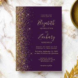 Invitación Boda Moderna de Borde Dorado Purpura Oscuro Falso 