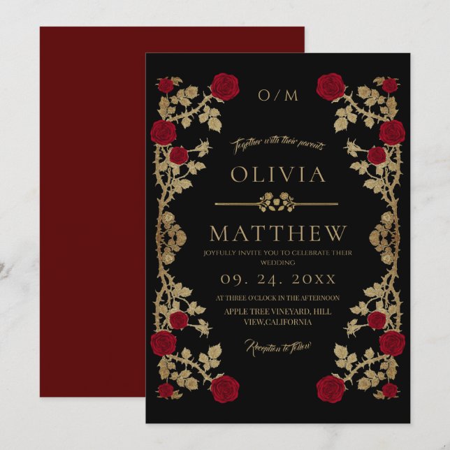 Invitación Boda moderna de borgoña y negro ⎮ Boho Rosa Roja (Anverso / Reverso)