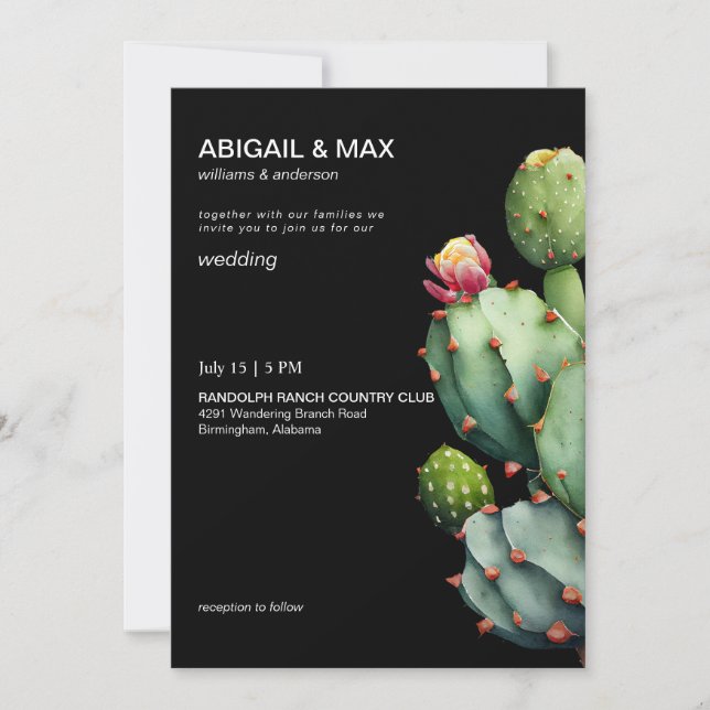 Invitación Boda moderna de cactus tropical negro (Anverso)