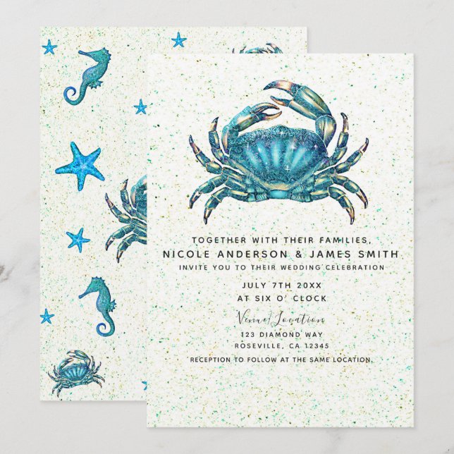 Invitación Boda Moderna de Cangrejo Azul de Playa Estrella de (Anverso / Reverso)