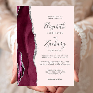 Invitación Boda moderna de color burgundy con plata y agate r