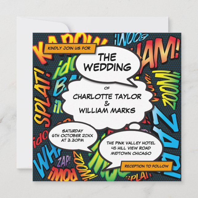 Invitación Boda moderna de cómic en un solo cuadrado (Anverso)
