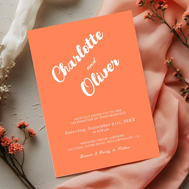Invitación Boda moderna de coral unión script naranja (Subido por el creador)