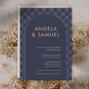 Invitación Boda moderna de cuadros azul medianoche