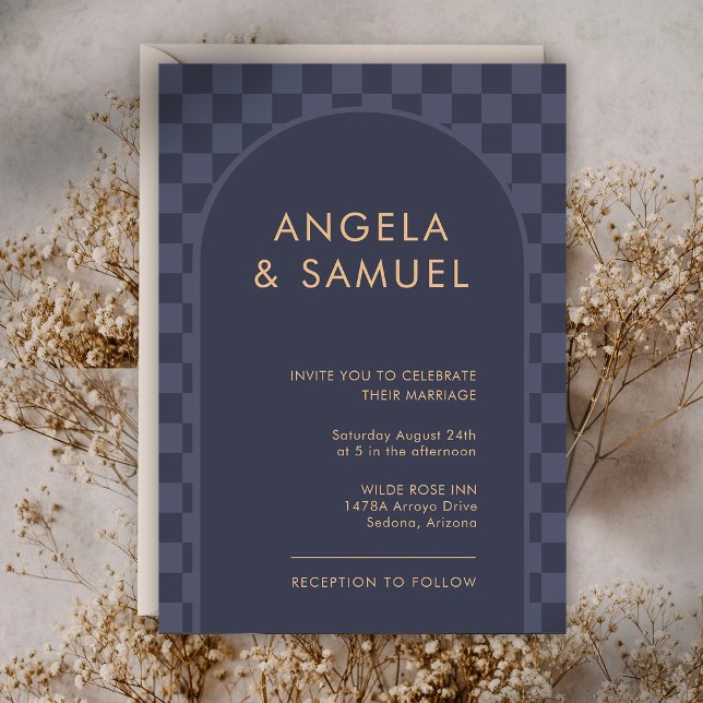 Invitación Boda moderna de cuadros azul medianoche (Subido por el creador)