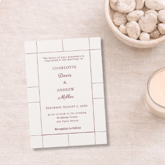 Invitación Boda moderna de cuadros de marfil de Borgoña