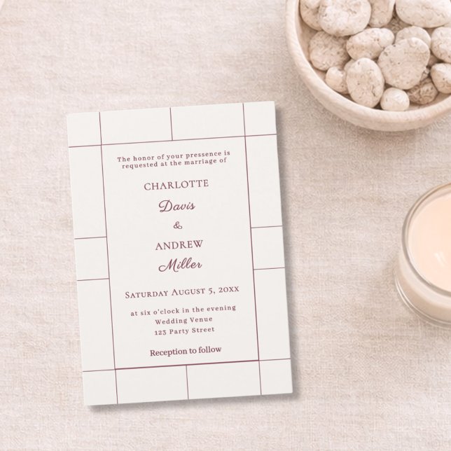 Invitación Boda moderna de cuadros de marfil de Borgoña  (Subido por el creador)