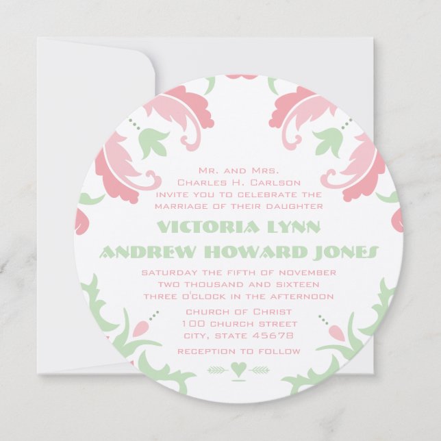 Invitación Boda moderna de Damasco rosa y Verde (Anverso)
