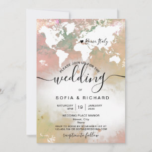 Invitación Boda moderna de destino Mapa mundial acuarela