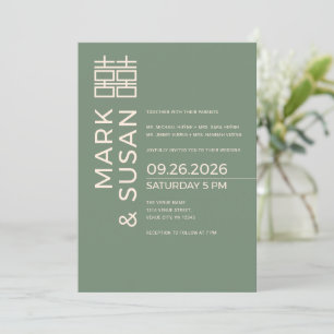 Invitación Boda moderna de doble felicidad en verde salvia