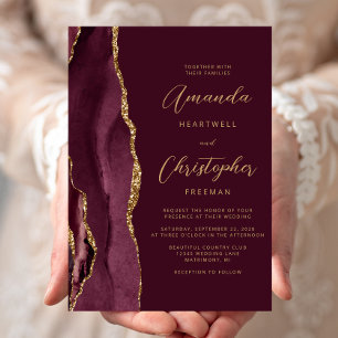 Invitación Boda moderna de escritorio rojo burgundy con ágata