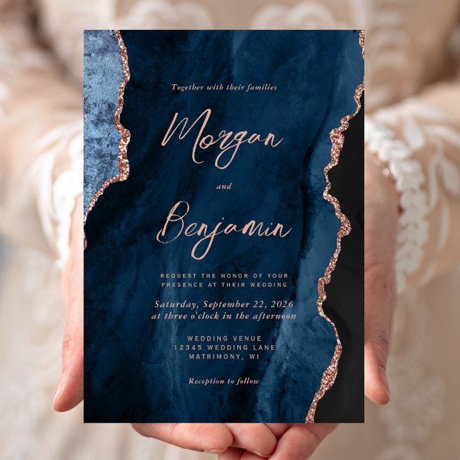 Invitación Boda moderna de escritura con ágata azul navy y or (Subido por el creador)