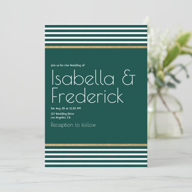 Invitación Boda moderna de esmeralda verde, blanco y dorado (Anverso de pie)