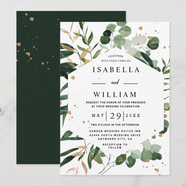 Invitación Boda moderna de eucalipto dorado con vegetación bo (Anverso / Reverso)
