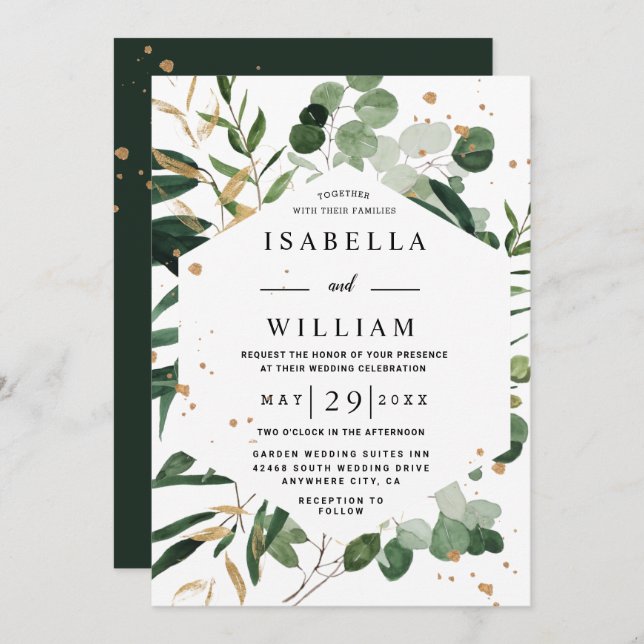 Invitación Boda moderna de eucalipto dorado verde botánico (Anverso / Reverso)