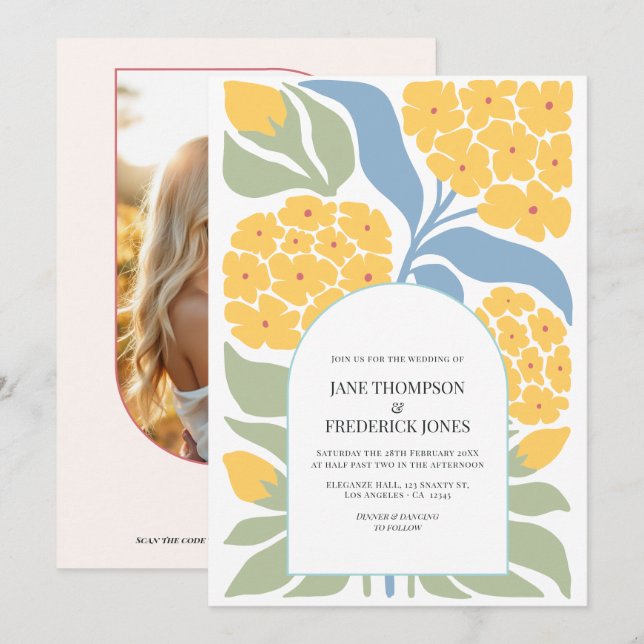 Invitación Boda moderna de flores abstractas de flores silves (Anverso / Reverso)