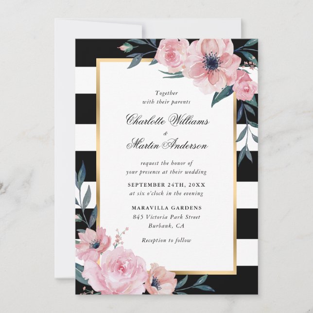 Invitación Boda moderna de flores rosadas y rayas negras (Anverso)
