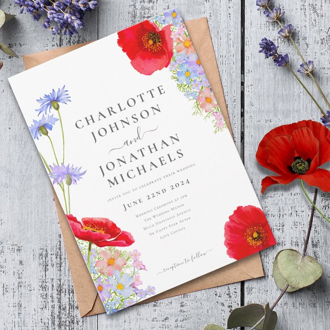 Invitación Boda moderna de flores silvestres coloridas (Modern colorful wildflower wedding invitation with red poppy )