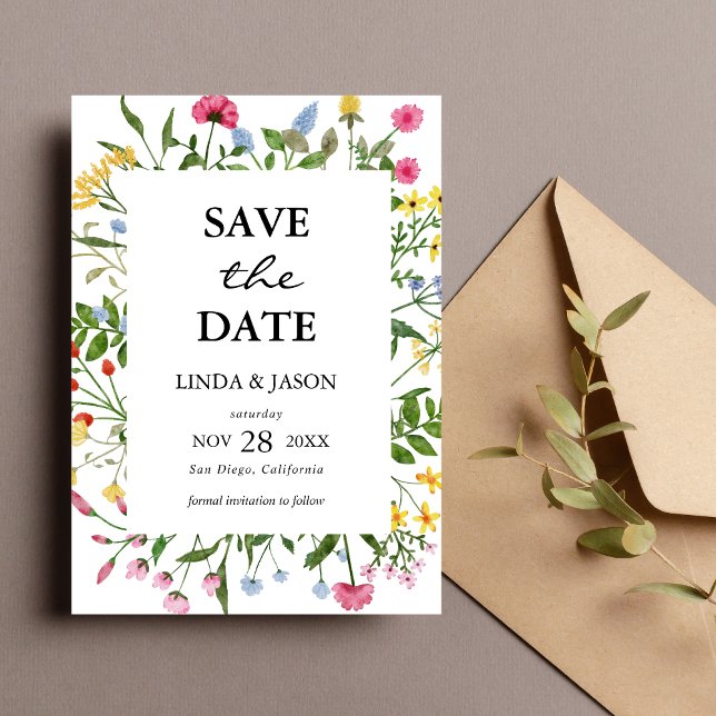 Invitación Boda moderna de flores silvestres coloridas, guárd (Modern colorful wildflower save the date invites announce your day with fresh joyful style)