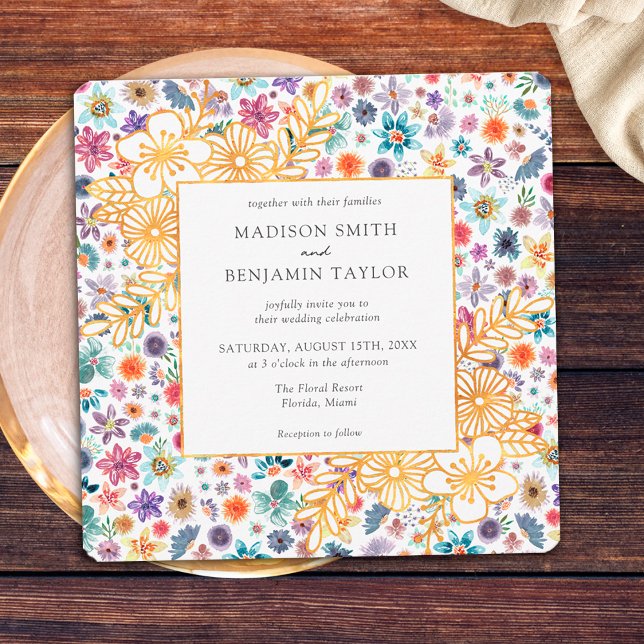 Invitación Boda moderna de flores silvestres con oro blanco (Front)