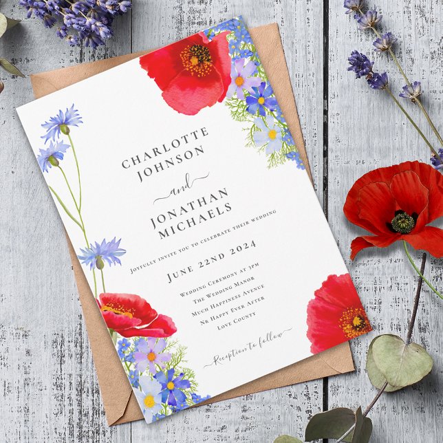 Invitación Boda moderna de flores silvestres elegantes azules (Colorful wildflower boho chic wedding invitation )