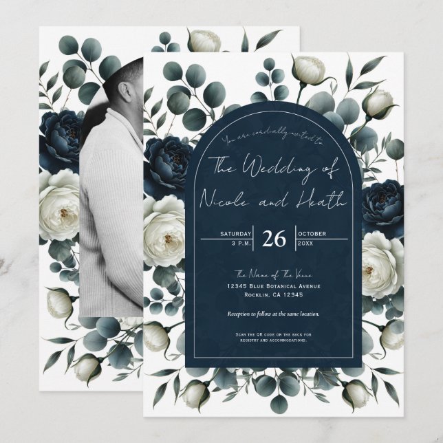 Invitación Boda moderna de flores verdes azul oscuro y blanco (Anverso / Reverso)