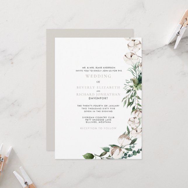 Invitación Boda moderna de follaje y algodón (Anverso/Reverso In Situ)