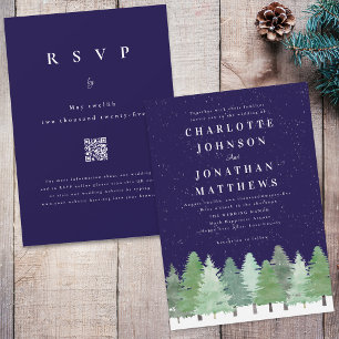 Invitación Boda moderna de invierno con código QR azul marino