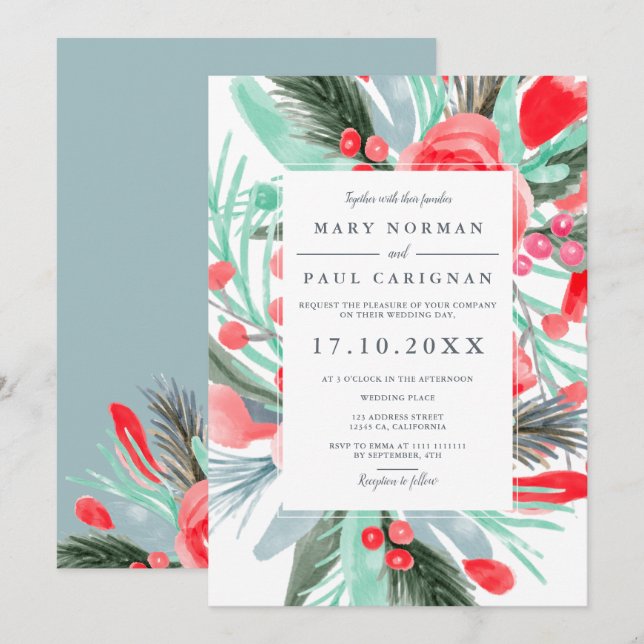 Invitación Boda moderna de invierno con flores en acuarela ro (Anverso / Reverso)
