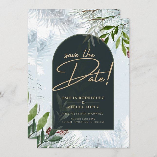 Invitación Boda moderna de invierno con vegetación Fecha de g (Anverso / Reverso)