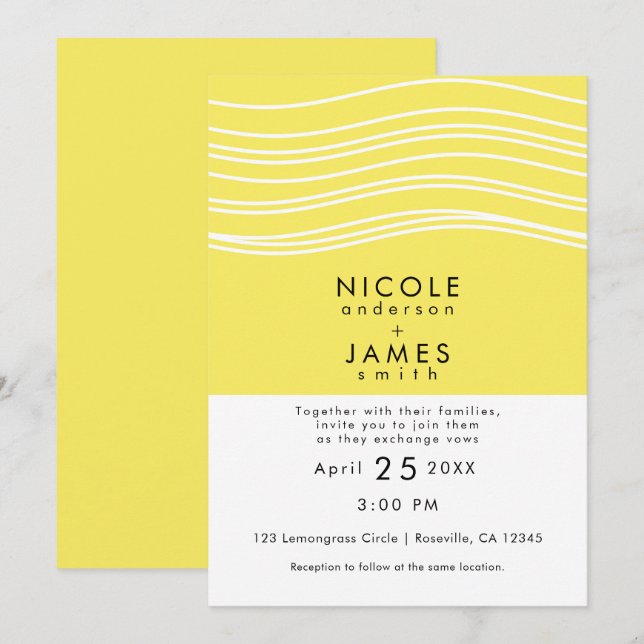 Invitación Boda moderna de limón cítrico amarillo y ola blanc (Anverso / Reverso)