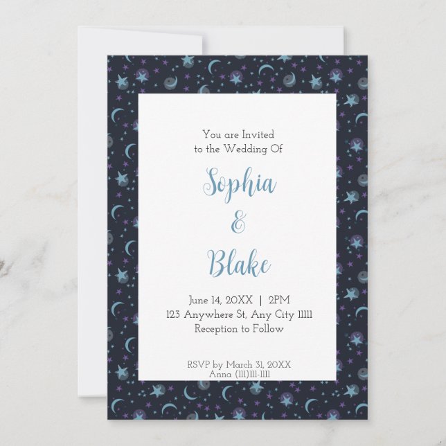 Invitación Boda moderna de luna creciente y estrellas (Anverso)