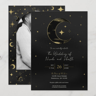 Invitación Boda moderna de luna y estrellas celestes negras y