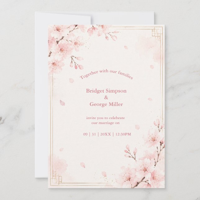 Invitación Boda Moderna de Luxe Flor de Cerezo (Anverso)