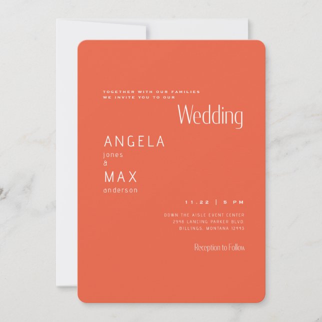 Invitación Boda Moderna de Mandarina Sin Padres (Anverso)