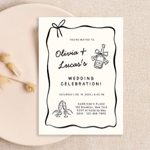 Invitación Boda Moderna de Marfil y Negro Dibujada a Mano