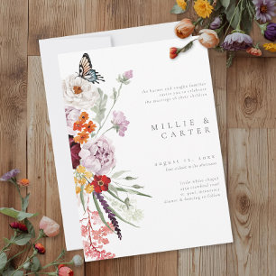 Invitación Boda moderna de mariposa de flor silvestre de acua
