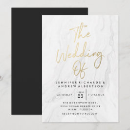 Invitación Boda Moderna de Mármol Blanco con Letra Dorada