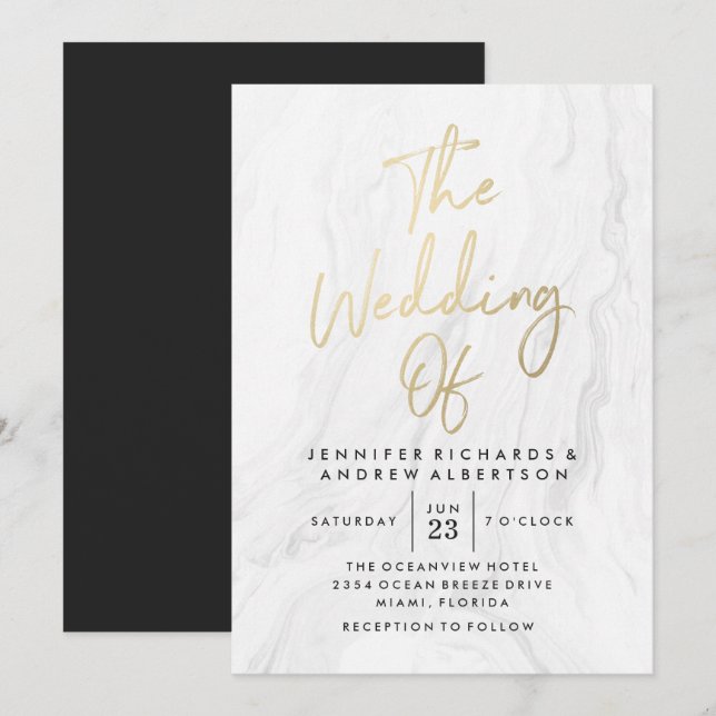 Invitación Boda Moderna de Mármol Blanco con Letra Dorada (Anverso / Reverso)