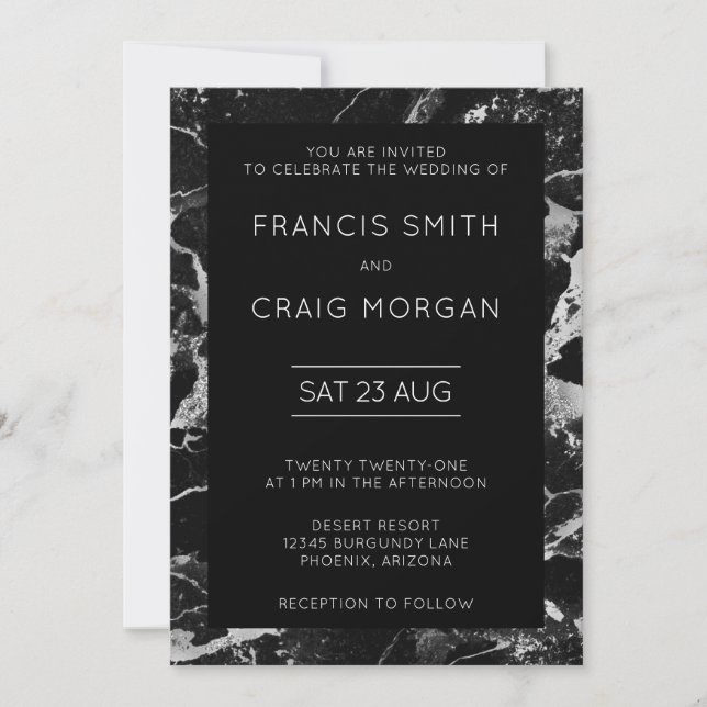 Invitación Boda moderna de mármol negro y plata falso (Anverso)