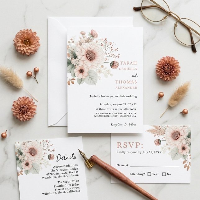 Invitación Boda moderna de moda con rubor rosa polvoriento (Subido por el creador)