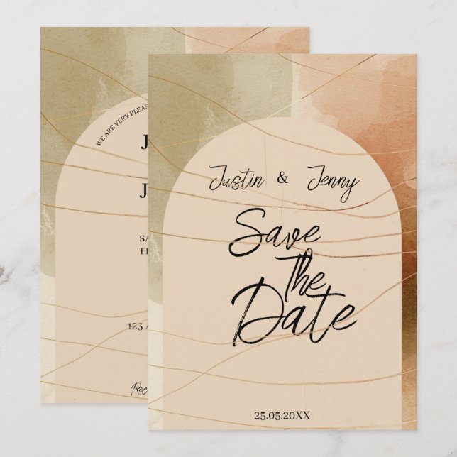 Invitación Boda moderna de oliva y terracota (Anverso / Reverso)