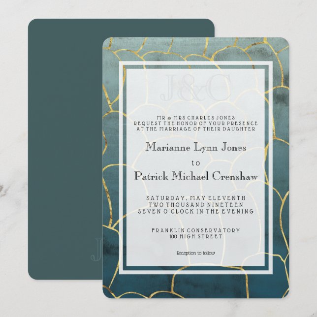 Invitación Boda moderna de oro con aguamarina oscuro (Anverso / Reverso)