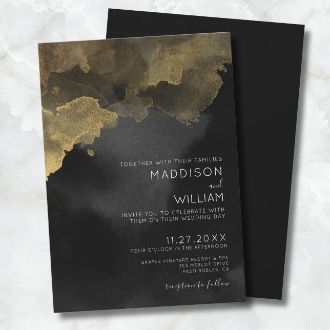 Invitación Boda Moderna de Oro Negro (Modern Watercolor Black Gold Wedding Invitation)