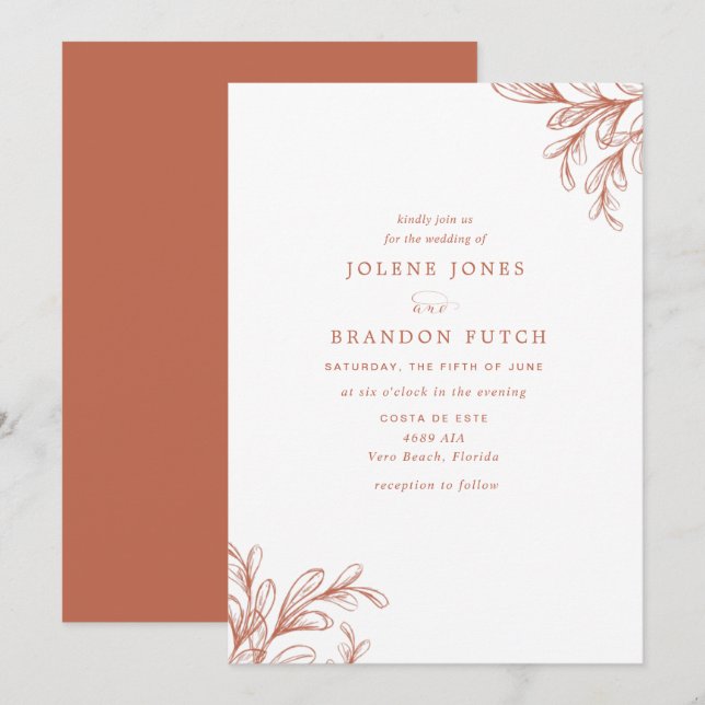 Invitación Boda Moderna de Otoño en Naranja Quemada (Anverso / Reverso)